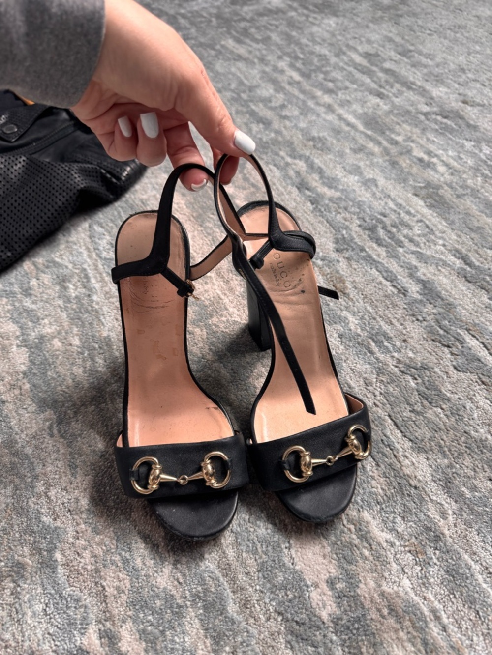 Gucci Black Leather Open-Toe Slingback Heels with Gold Horsebit